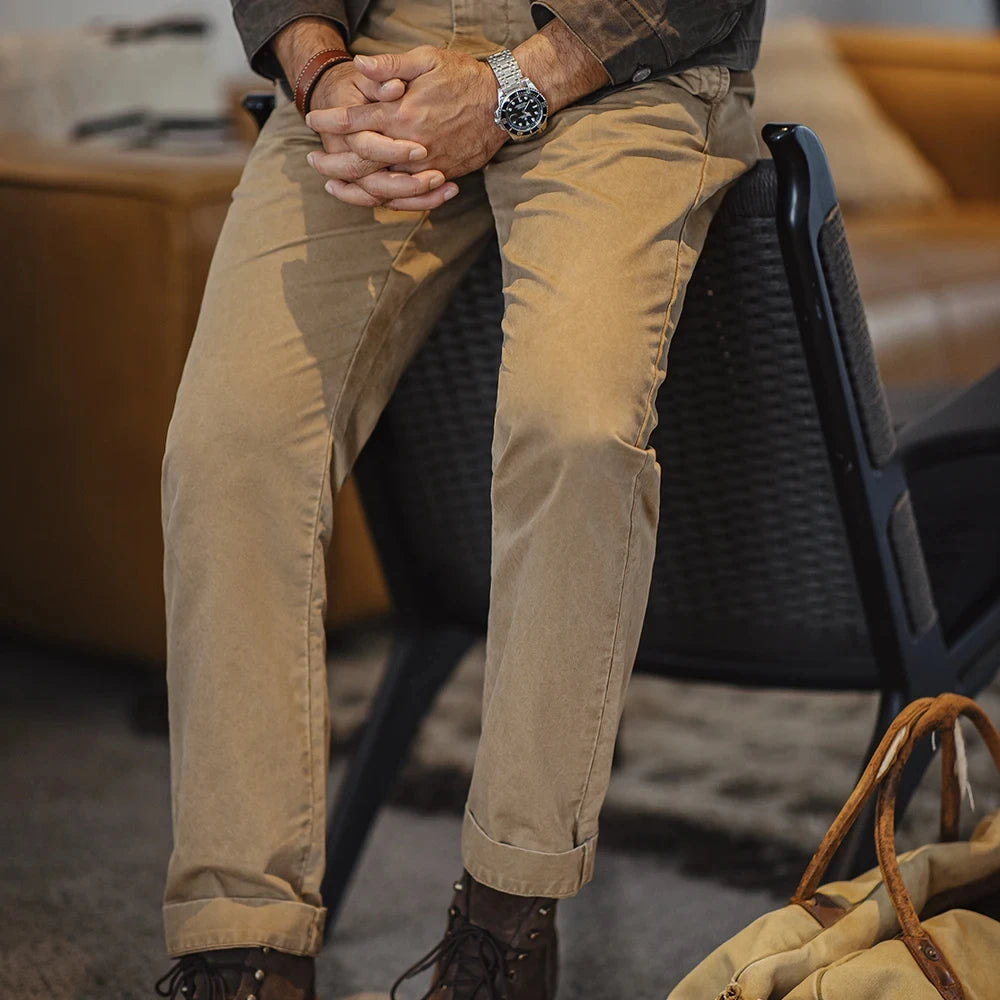 TWILL CLASSIC - Men's Vintage Heavyweight Cotton Twill Straight Pants - Khaki, W28–36
