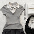 Aesthetic Vintage Slim Lapel White T-Shirts Women Summer Casual Short Sleeve Embroidery Letter Print Tops Skinny Thin Clothing