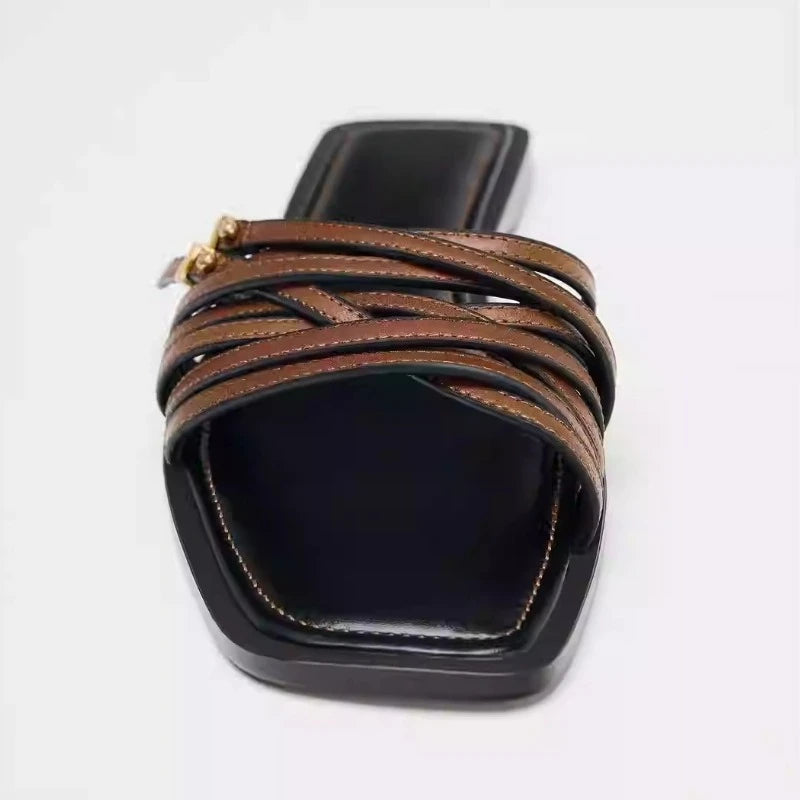Women's Flat Slides Sandals Vintage Square Toe, Leather Strappy Buckle Outdoor Casual Shoes for Summer Fashion