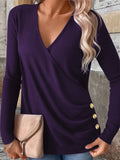 Plus Size Waffle Knit T-Shirt for Women, Elegant V-Neck Button Down Long Sleeve Top, Fall Comfort Fit Blouse