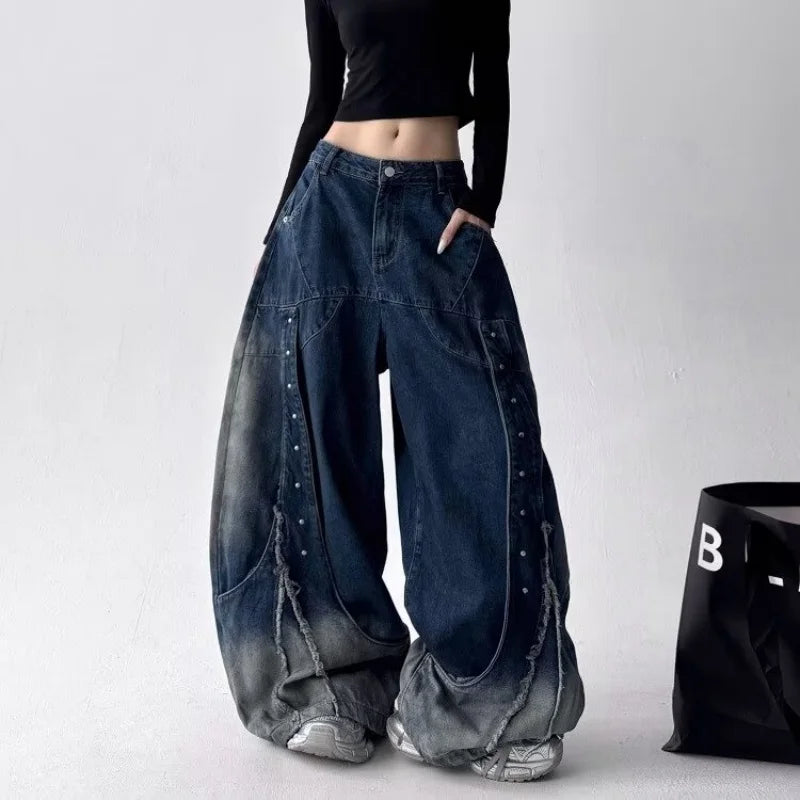 Y2K Patchwork Baggy Wide Leg Jeans - Vintage Wash