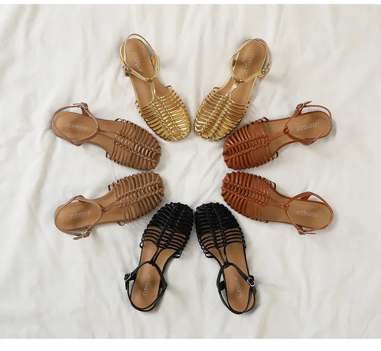 Band Flat Sandals Women Summer Round Toe Ankle Buckle Hollow Roman Sandal Plus Size Beach Shoe