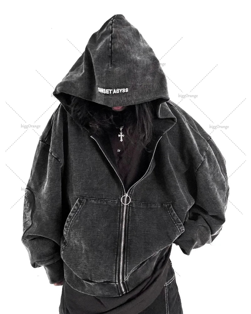 Gothic washed embroidered men's retro hip-hop Y2K zip-up hoodie, fashionable street style, pure cotton, oversized couple's sportswear