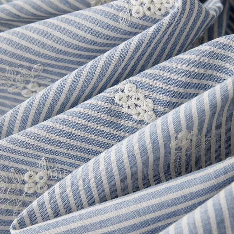 Ins Style Light Blue Striped Embroidered Polyester Cotton Fabric for Dress Shirt Kids Clothing DIY By The Yard