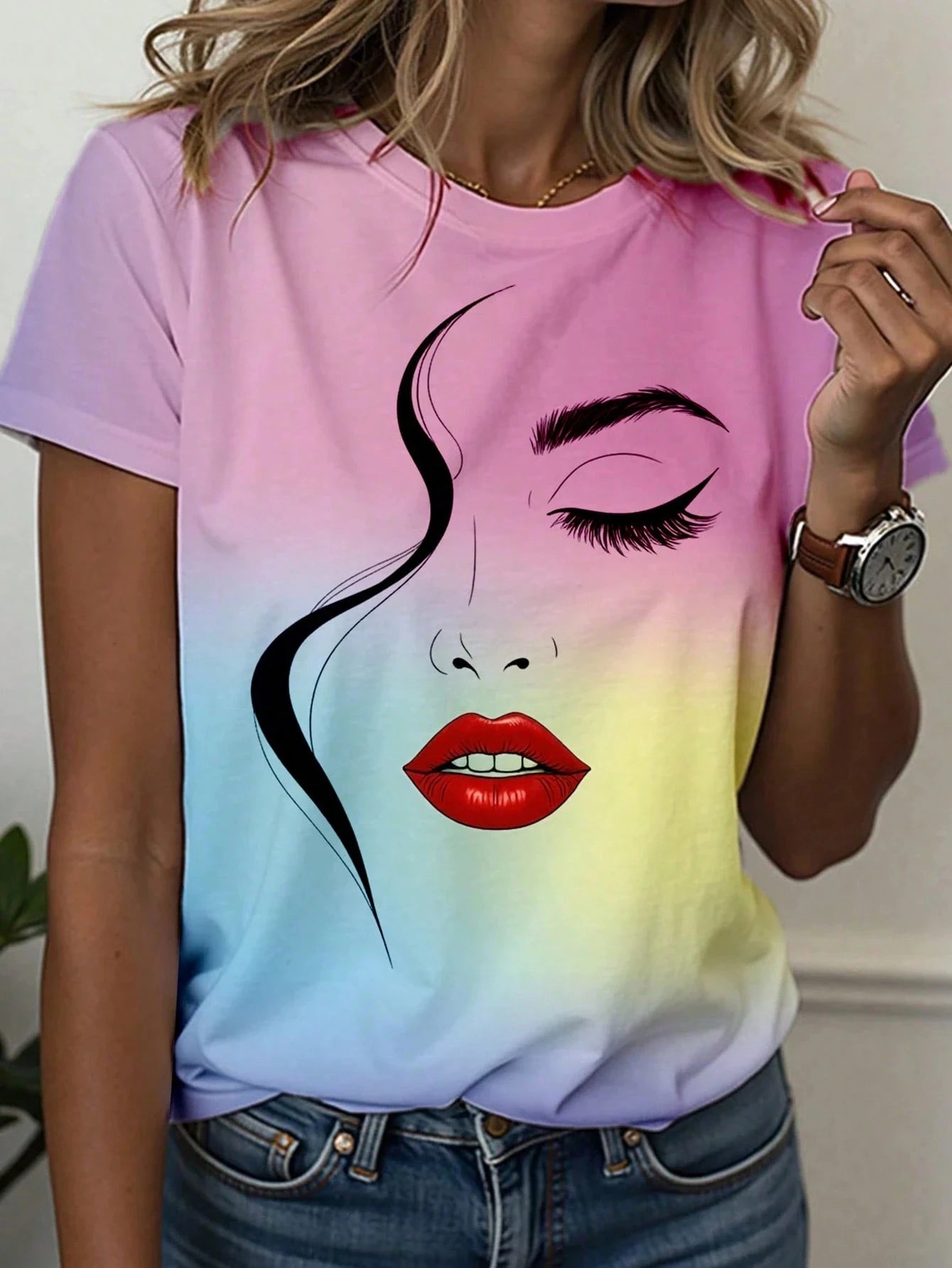 Abstract Face Gradient Color 3D Print T-Shirts Women's Casual Short Sleeve T Shirt O-Neck Tees Harajuku Y2K Tops Female Clothing