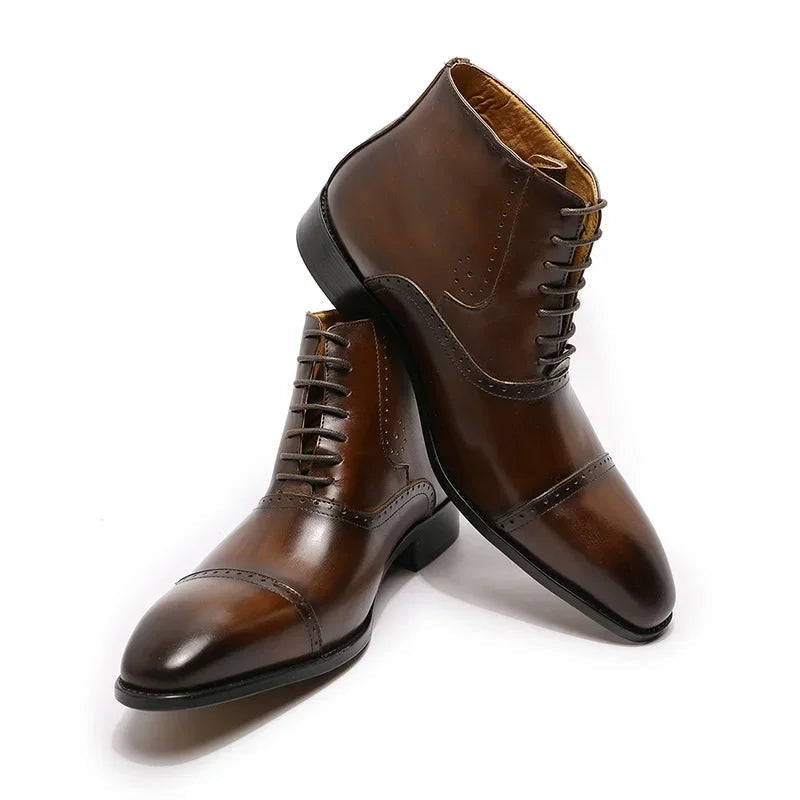 Men's Genuine Leather Oxford Ankle Boots - Brogue Cap Toe Lace-Up Dress Boots