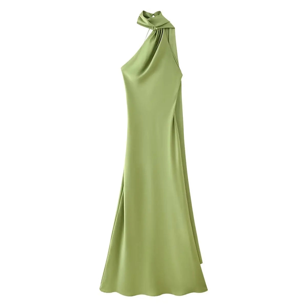 Satin Ribbon Halter Long Dresses Women's Backless Casual Maxi Dress Evening Wedding Guest White Blue Green Summer Graduation New