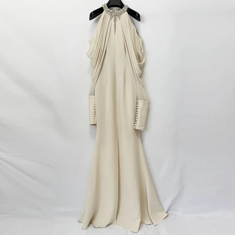 Beaded Evening Dress - Long Sleeves - Soft Elegance