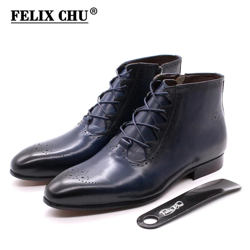 Genuine Leather Ankle Boots - Lace Up Zip British Style Dress Oxford Pointed Toe
