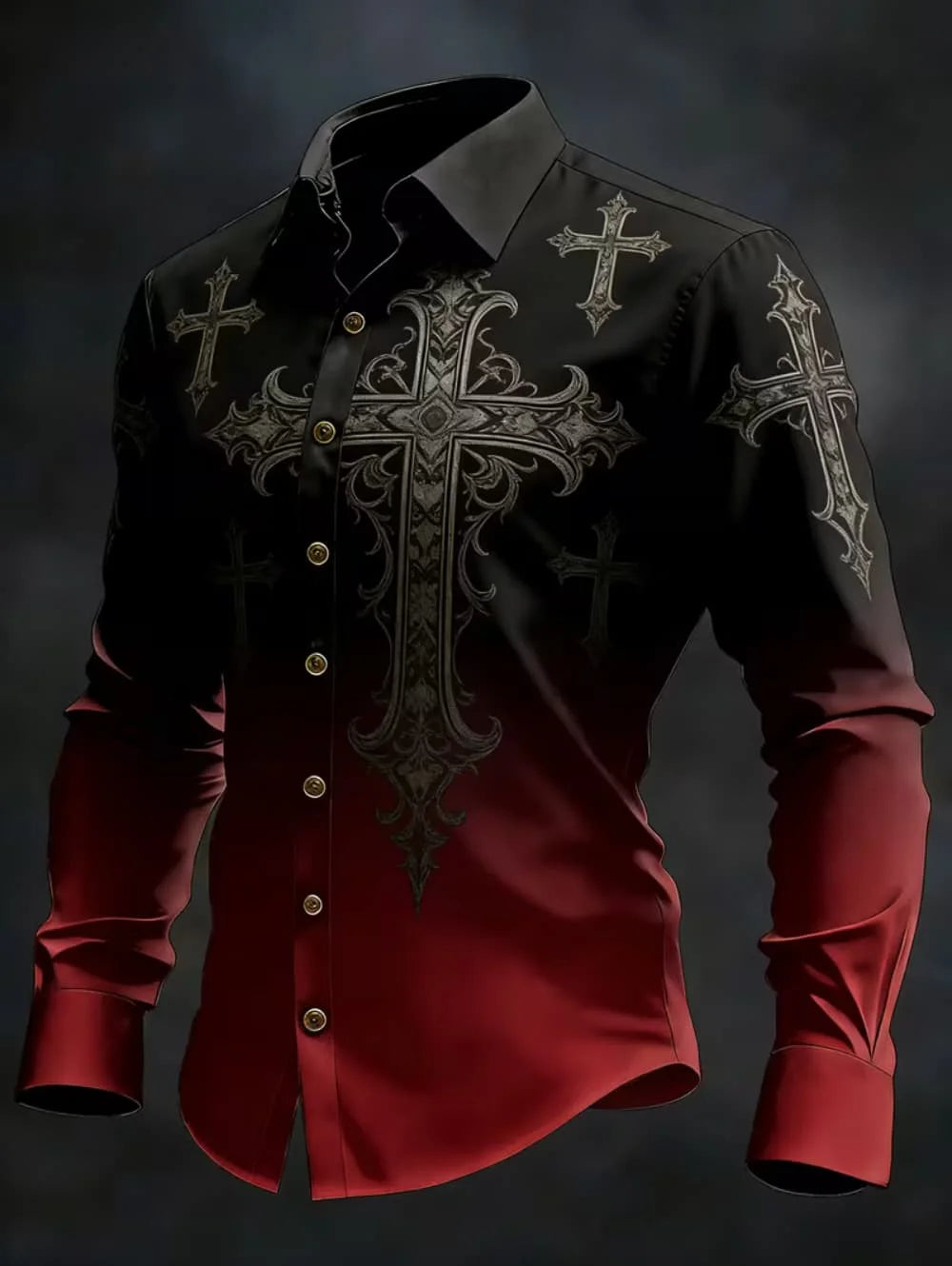 Gothic Skull Cross Shirt Men Long Sleeve Red Plaid 3D Print