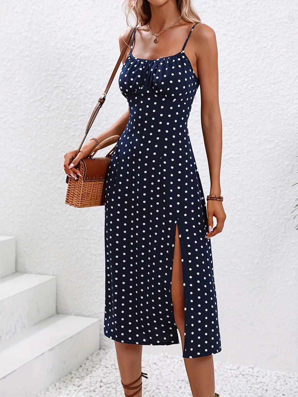 2024 Women's Floral Print Spaghetti Strap Summer Boho Beach Dress Print Elegant Suspenders Square Neck Slit Dress Vestidos