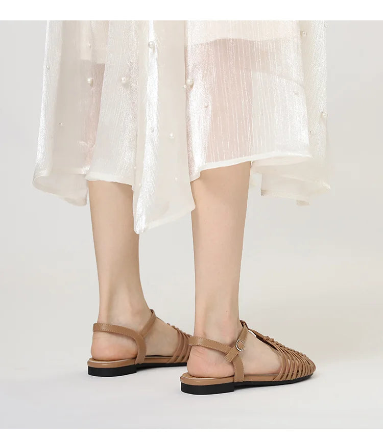 Band Flat Sandals Women Summer Round Toe Ankle Buckle Hollow Roman Sandal Plus Size Beach Shoe