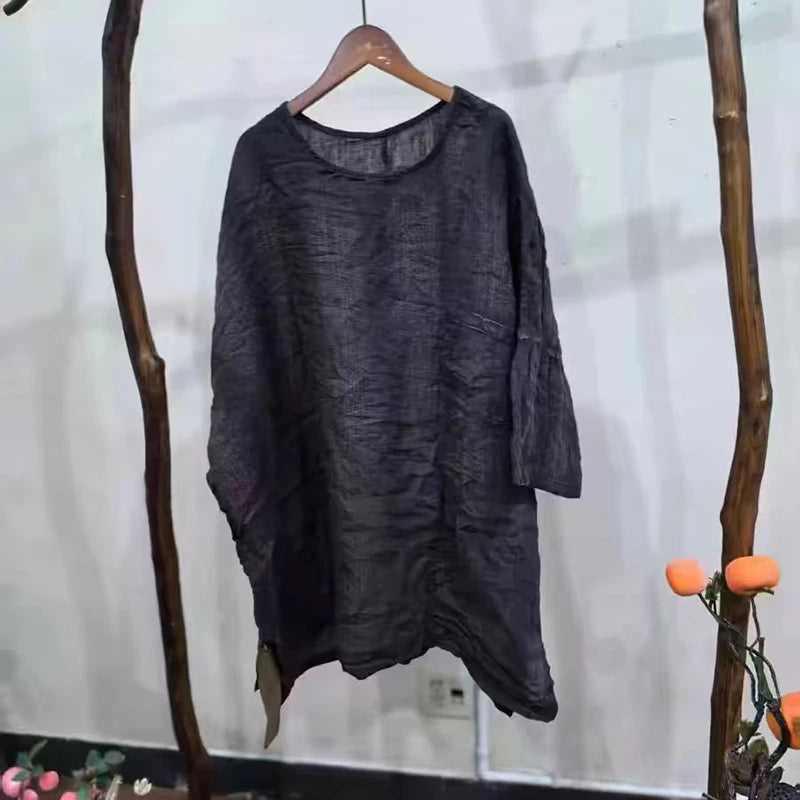 Spring Summer Arts Style Women O-neck Batwing Sleeve Casual Tops Tees Good Quality Cotton Linen Vintage Loose Long T-shirt T2513