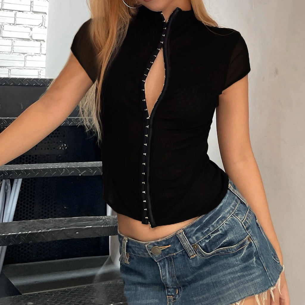 SUCHCUTE Y2K Front Button-Down Slim T-shirt Women's Solid Short-Sleeve Tees Going Out Clothes Casual Aesthetic Crop Top Summer