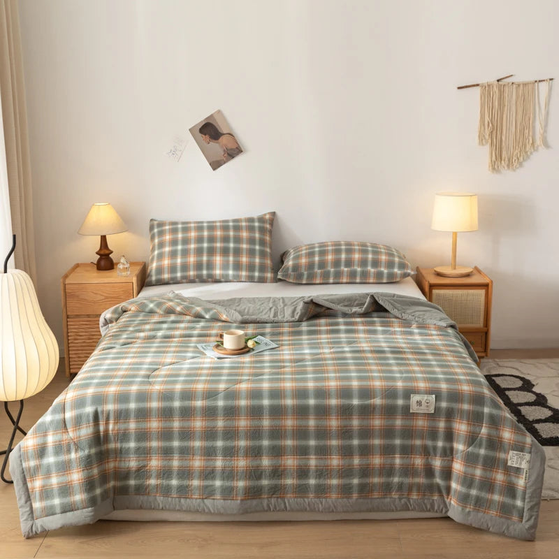 WASHED COTTON SUMMER COMFORTER - Pure Cotton Fill, Quilted Plaid - Cool Nights