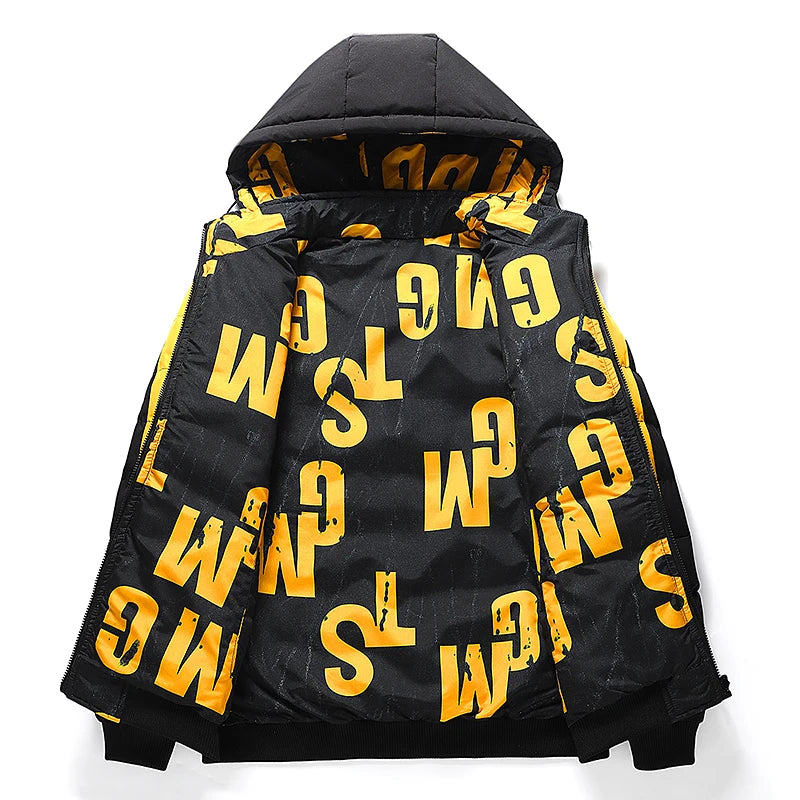 FLIP SIDE - Men's Double-Sided Puffer Parka - Letter Print Streetwear Winter Coat