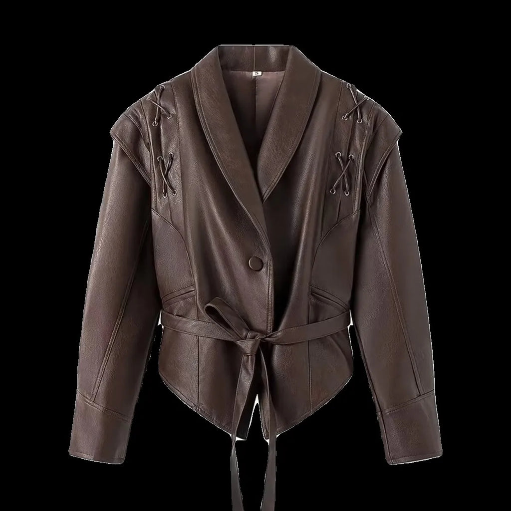 Mauroicardi Spring Autumn Short Retro Brown Pu Leather Jacket Women Sashes Lace Up Luxury Designer Emo Clothes European Fashion