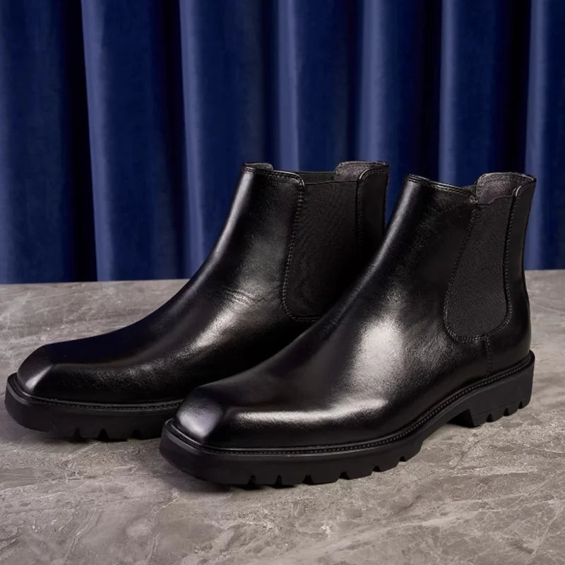 SQUARE BRIT - Men's Genuine Leather Chelsea Boots - Square Toe, High-Top, Thick Sole