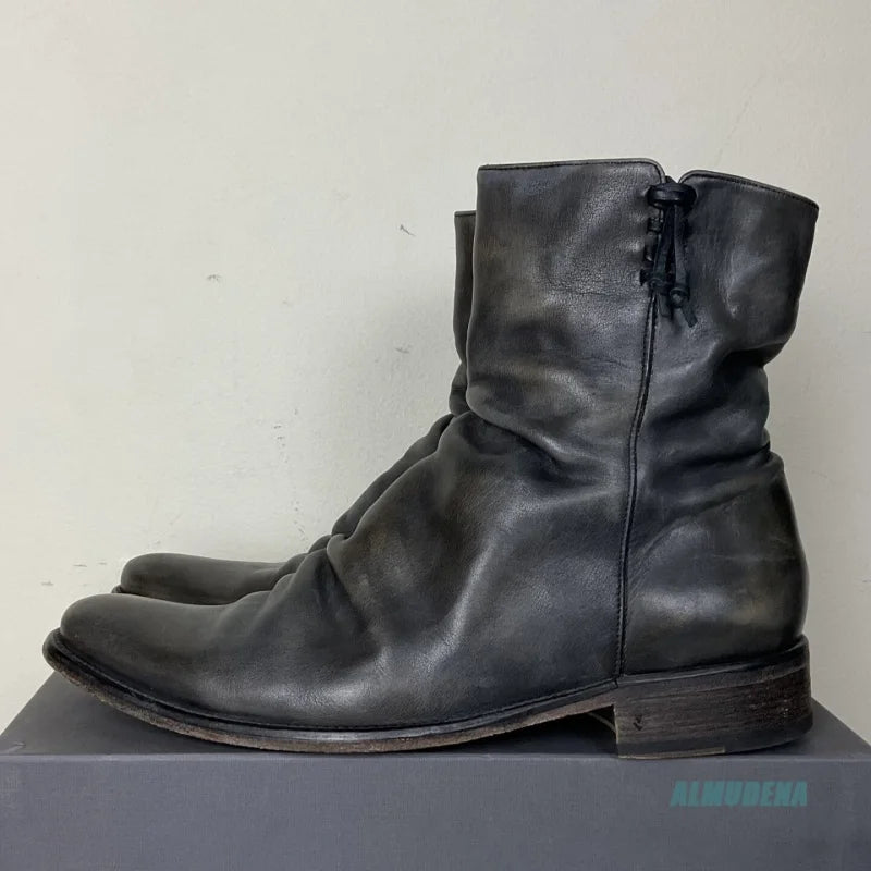 WRINKLE NOIR - Men's Vintage Black Leather Ankle Boots - Side Zipper, Round Toe, Low Heel