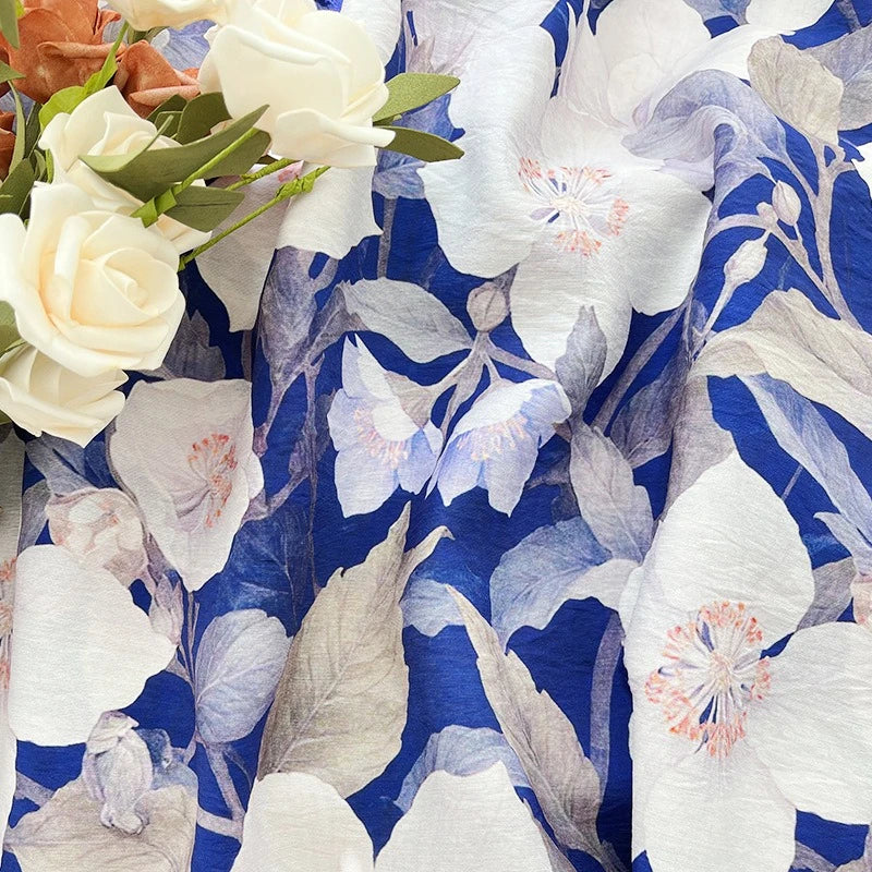BLUE FLORAL COTTON-BLEND FABRIC - 150cm Wide, Continuous Length - Home Sewing