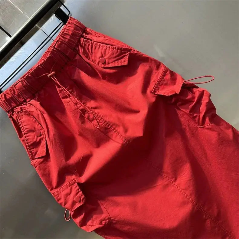 Women Y2k Cargo Long Skirt High Waist Drawstring Maxi Skirt Ruched Vintage Split Elastic Waist Cargo Skirt with Pockets