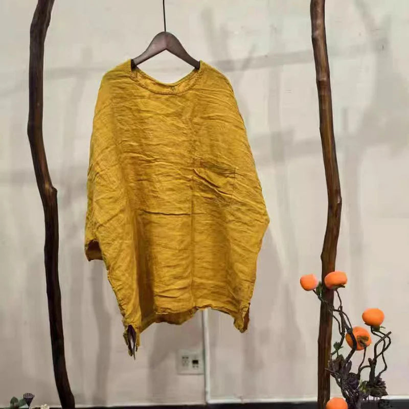 Spring Summer Arts Style Women O-neck Batwing Sleeve Casual Tops Tees Good Quality Cotton Linen Vintage Loose Long T-shirt T2513