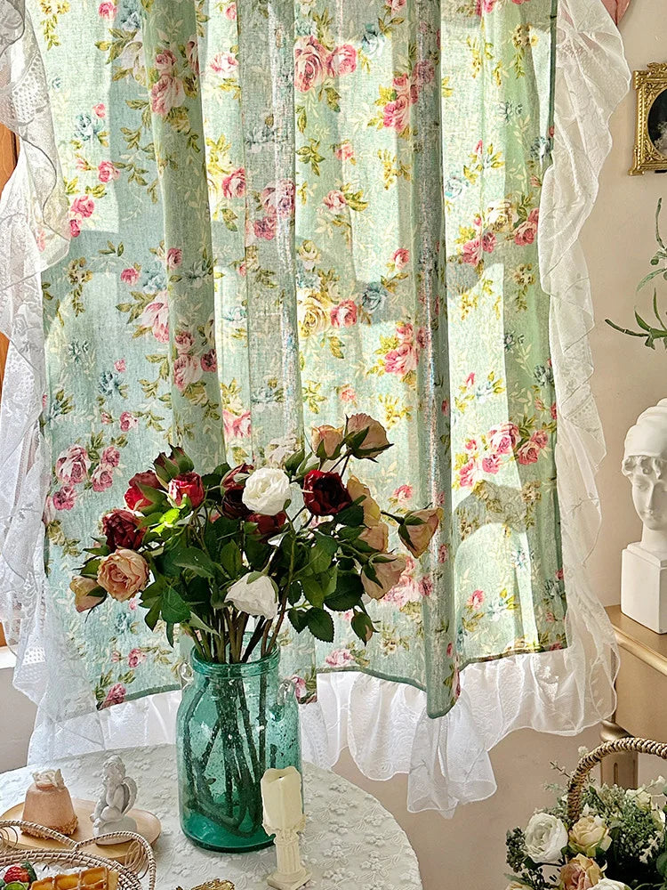 American Pastoral Style Curtain Linen-Cotton Kitchen Door Curtains Floral Pattern Cafe Living Room Window Half Curtain Decor