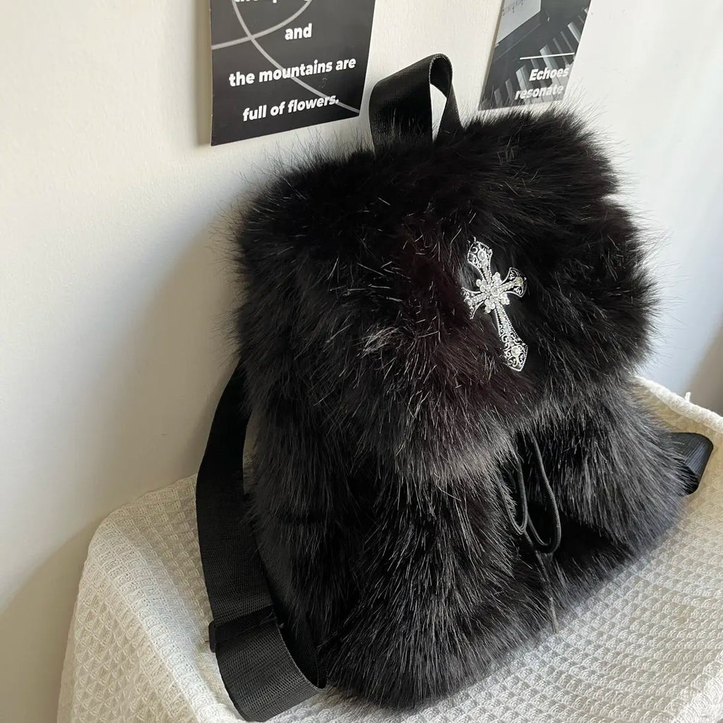 Black Plush Backpack Y2K Gothic Cross Fluffy Fur Backpack