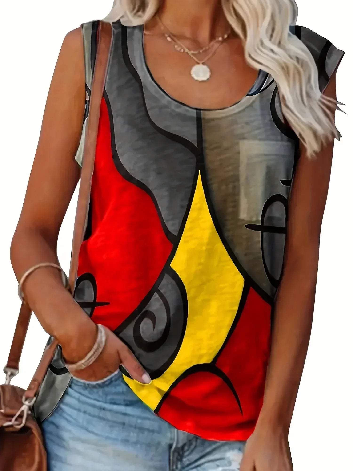 Plus Size 1XL-8XL Women's Fashion Sleeveless Colorblock Print Tanks Ladies Casual Crew Neck Summer Vest Tank Top
