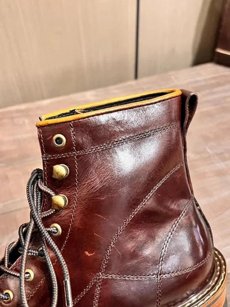 Men's Oil Wax Cowhide Leather Ankle Boots - Handmade Lace-Up Motorcycle British Style
