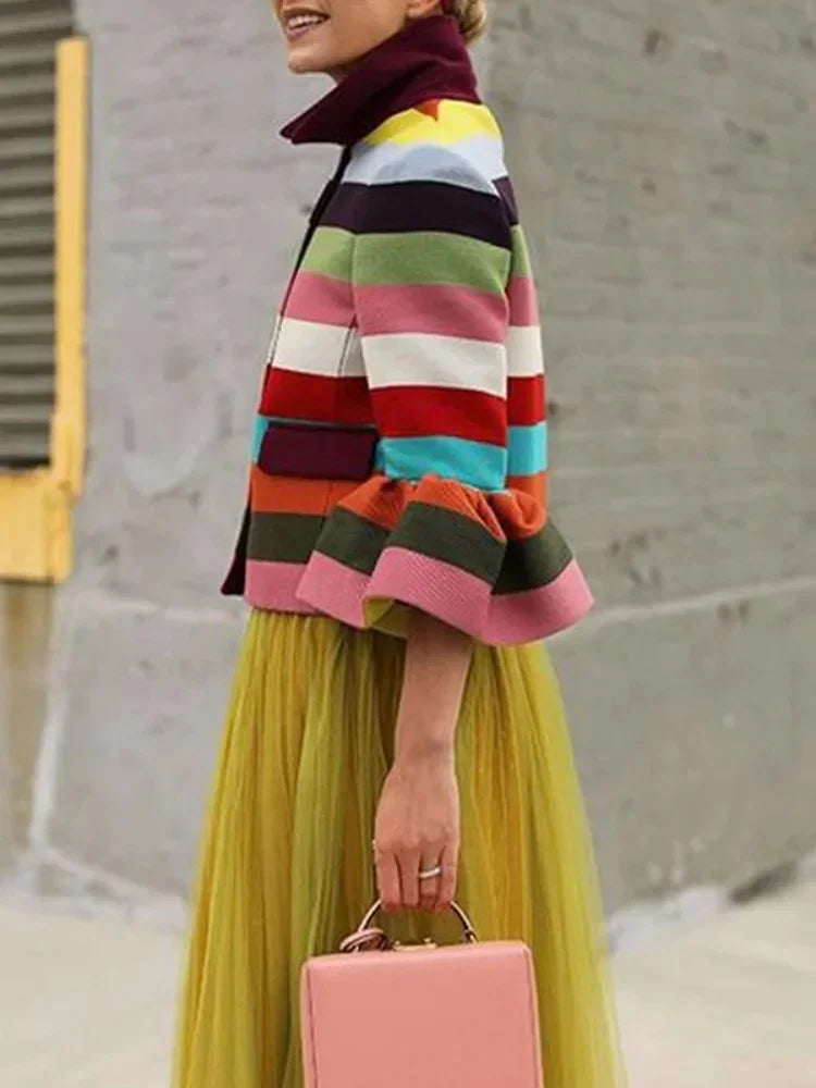 STRIPE STORY - Vintage Colorful Striped Jacket - Flared Sleeves, Lapel, Elegant