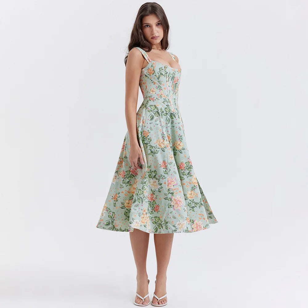 Vintage Floral Print Corset Midi Sun Dress Women's Pockets Dresses Female Bandage Sundress Red Green Blue Summer White Black New