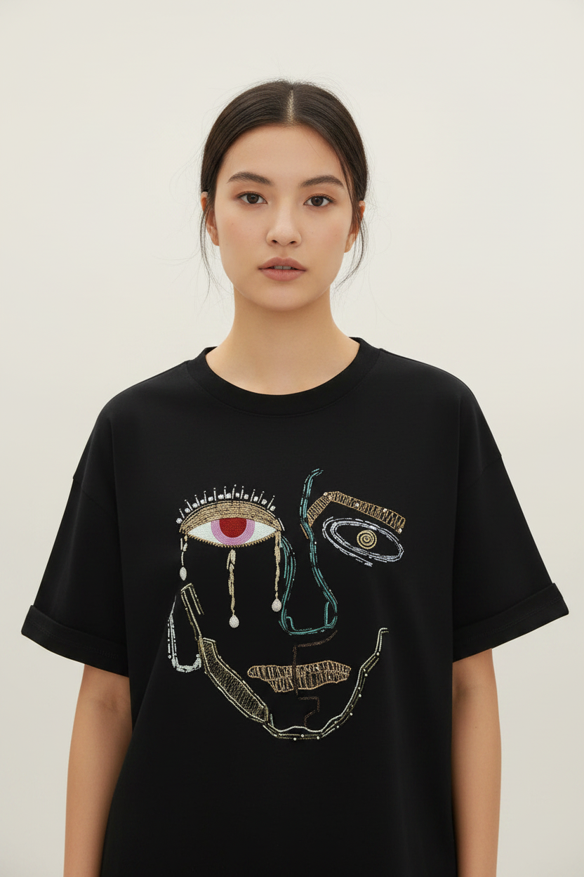 Abstract Face Embroidered Tee