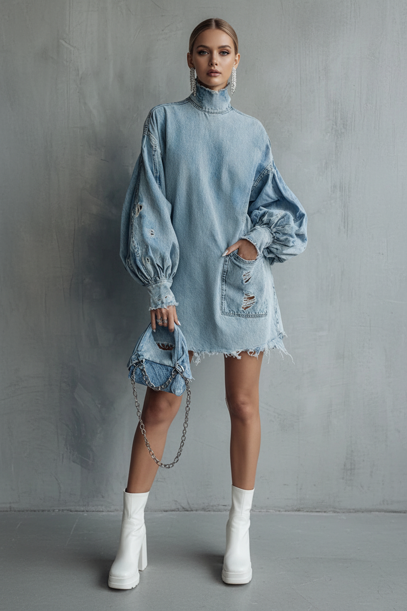 Distressed Denim Dress – Full Model