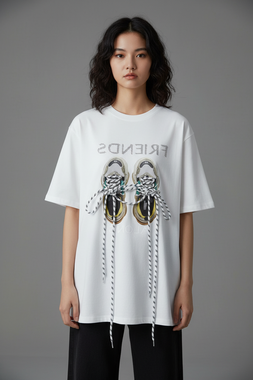 3D Shoelace Short-sleeved T-shirt Letter Diamonds Summer Streetwear Women Oversized T-shirt Y2k Tops Round Neck Loose Graphic Tee