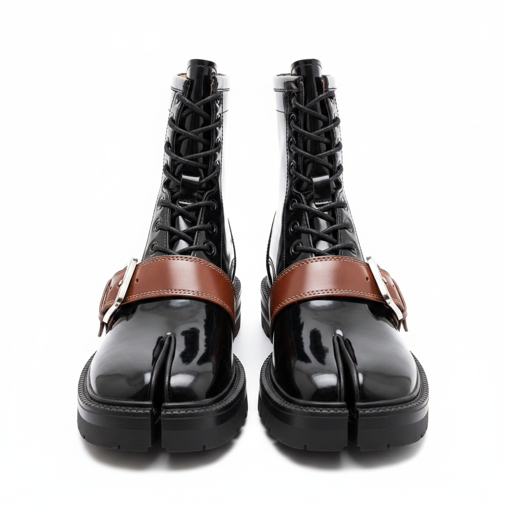 Tabi Split Toe Lace-Up Boots - Patent Microfiber Mid-Calf Unisex Street Style