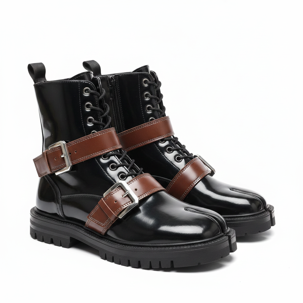 Men's Black Patent Boots Side View