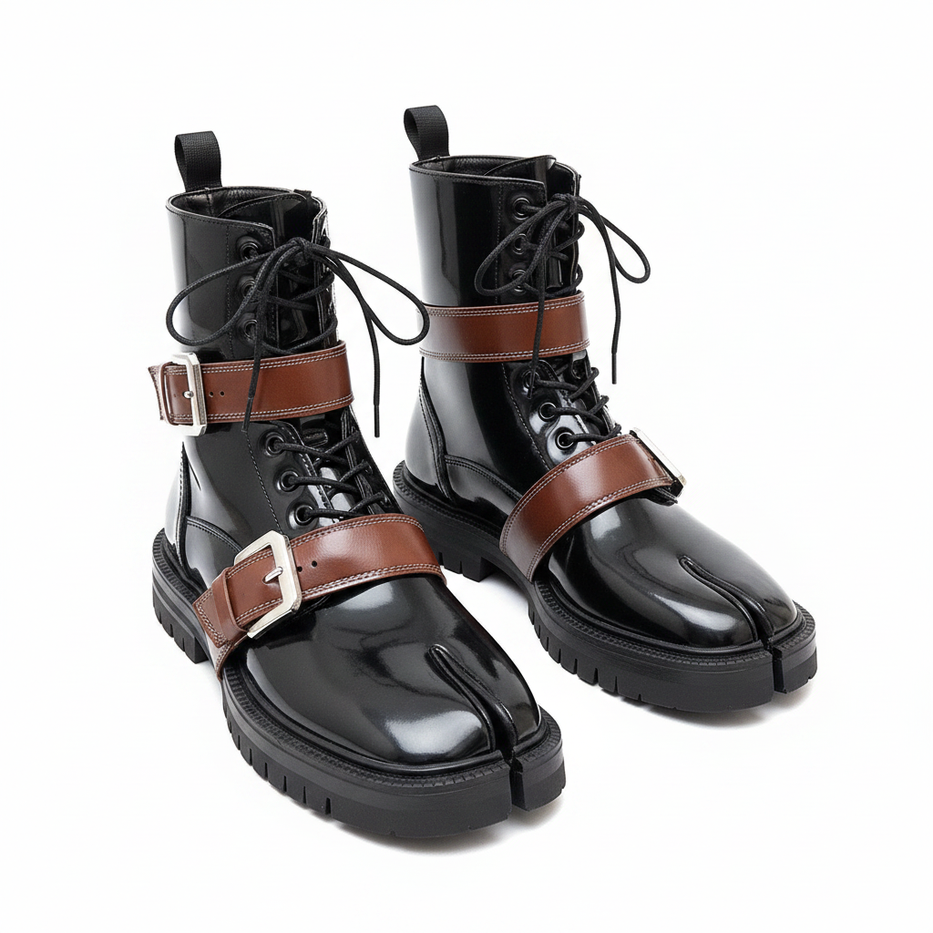 Men's Black Patent Boots White Background Clean