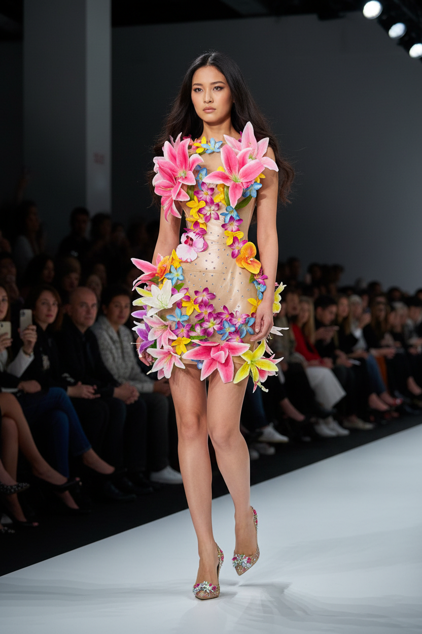 3D Floral Crystal Mini Dress — Stage Performance & Night Club