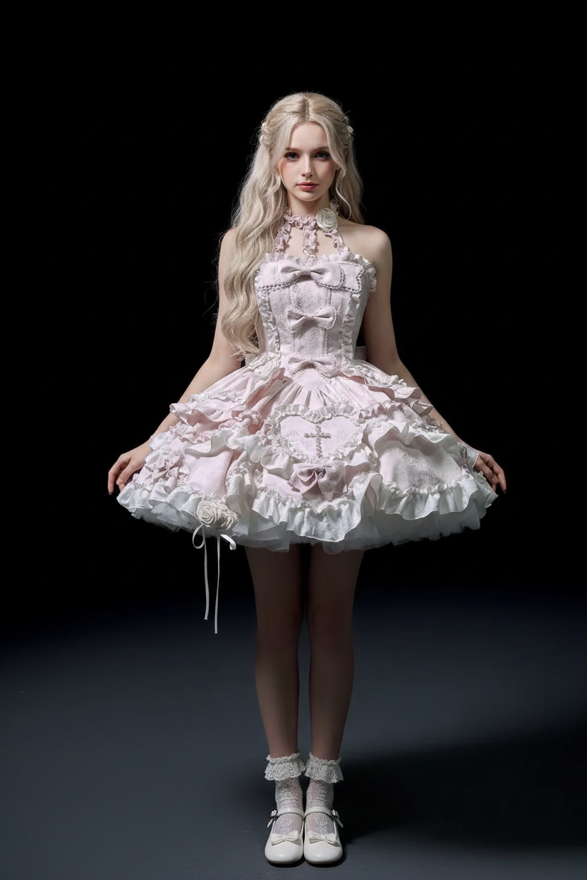 Pink Ruffle Dress – Full Model Dark Background