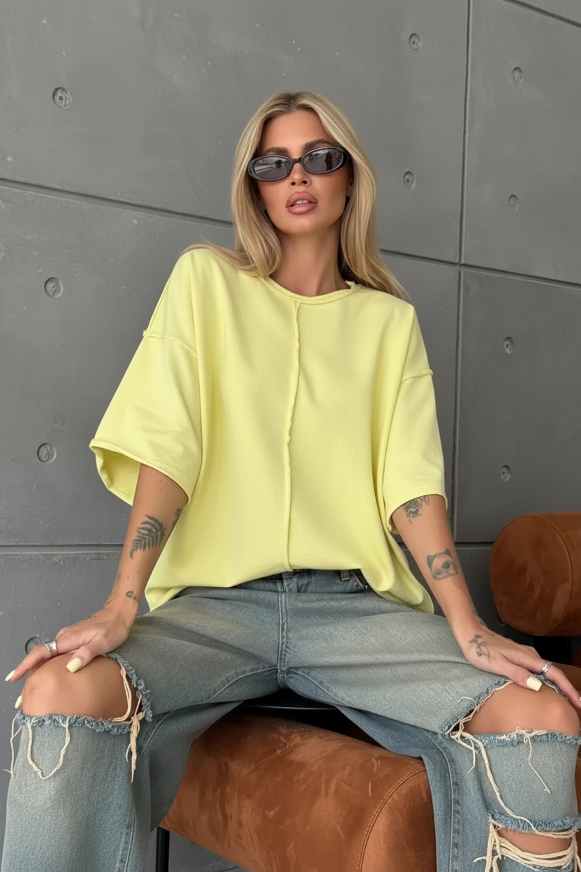 Yellow Tee – Striking Blonde Model